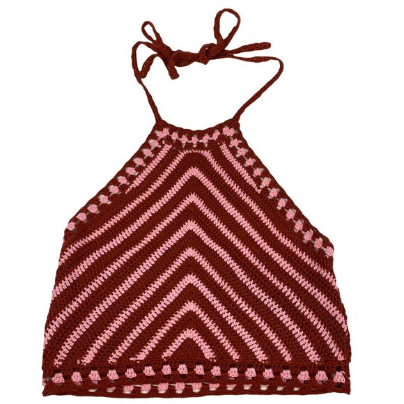 Vintage Tops - Vintage Pink Red Chevron Knit Crochet Tie Back Halter Crop Top S/M